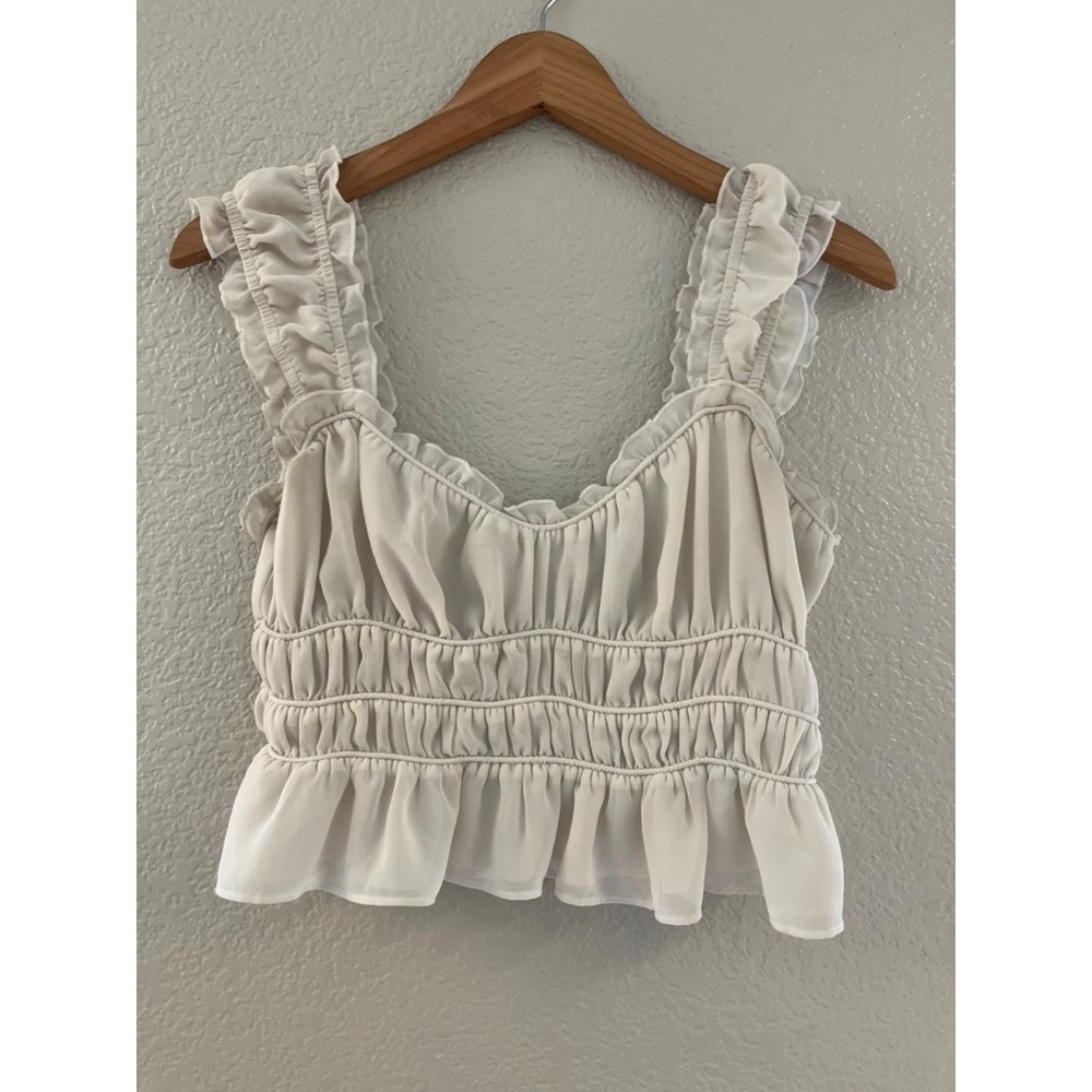ASTR The Label Cream Ruffled Smocked Crop Top AT17543S-003 Small Boho Chiffon